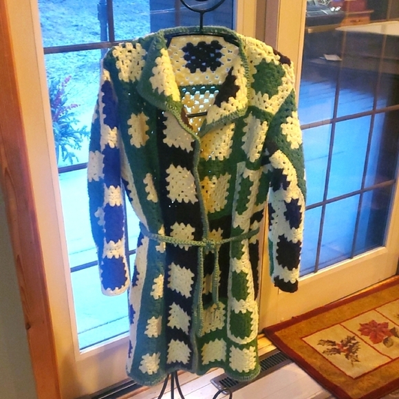 Upcycled 3 Coordinating Colorful Crochet Patchwork Long Belt Sz L Cardigan Coat - Picture 1 of 10